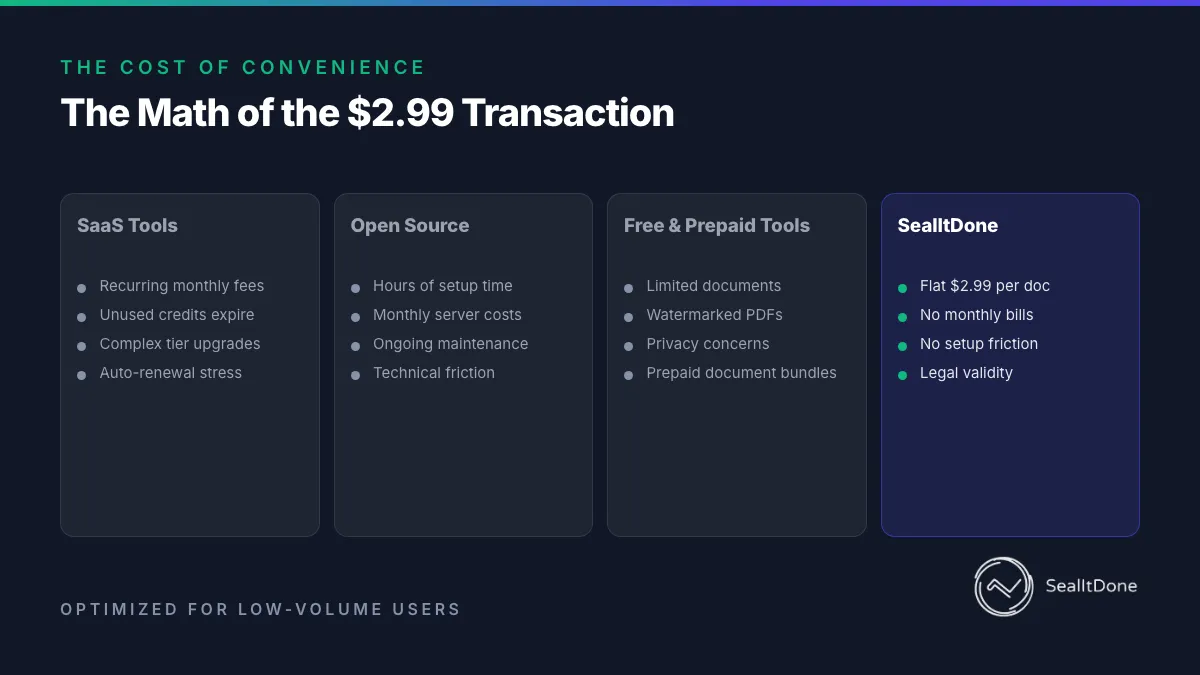 A comparison table comparing the disadvantages of e-signature giants, open-source alternatives, free and prepaid platforms, and the benefits of using SealItDone.