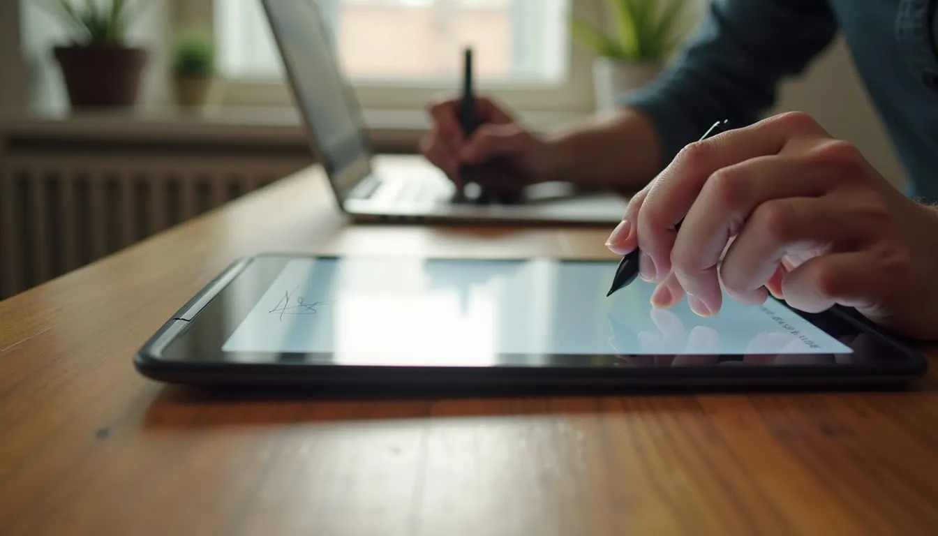 Eye-level view of a digital signature pad on a wooden table