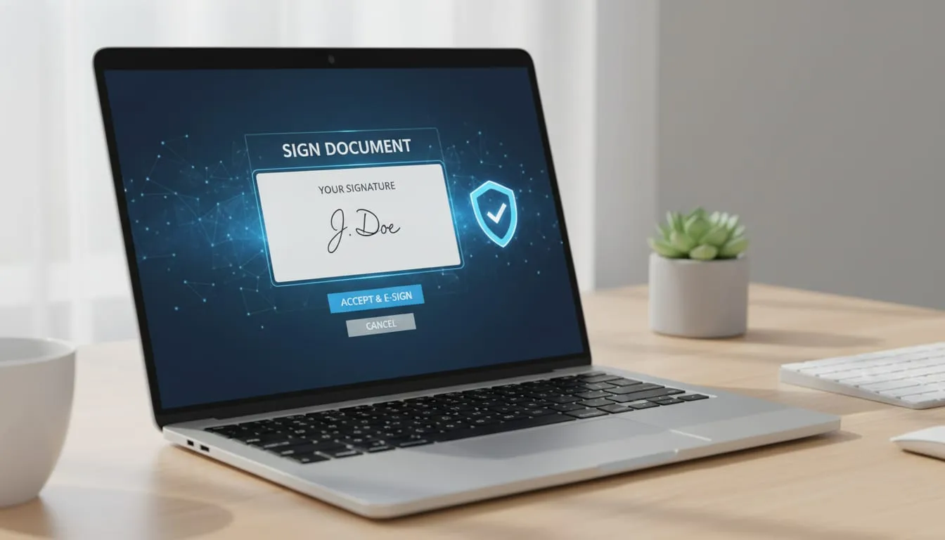 Eye-level view of a laptop showing a digital signature interface