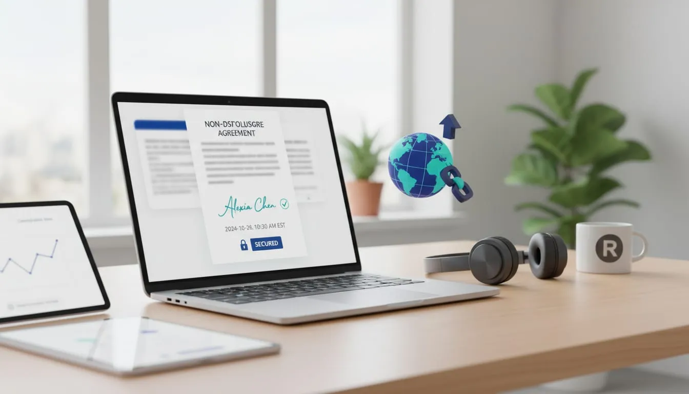 Eye-level view of a laptop showing a digital signature on a document