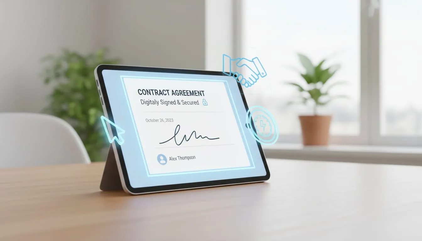Eye-level view of a digital tablet showing a signed electronic document
