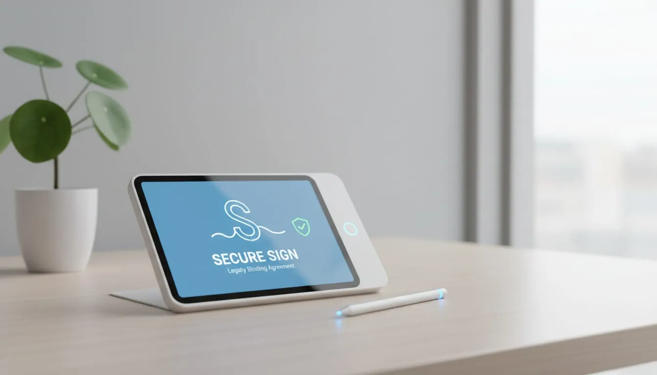 Close-up view of a digital signature pad on a desk