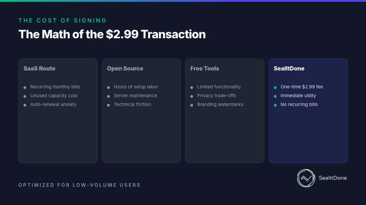 A comparison table between the Pros and Cons of traditional SaaS platforms, open-source platforms and free tools against the Seal It Done value proposition.
