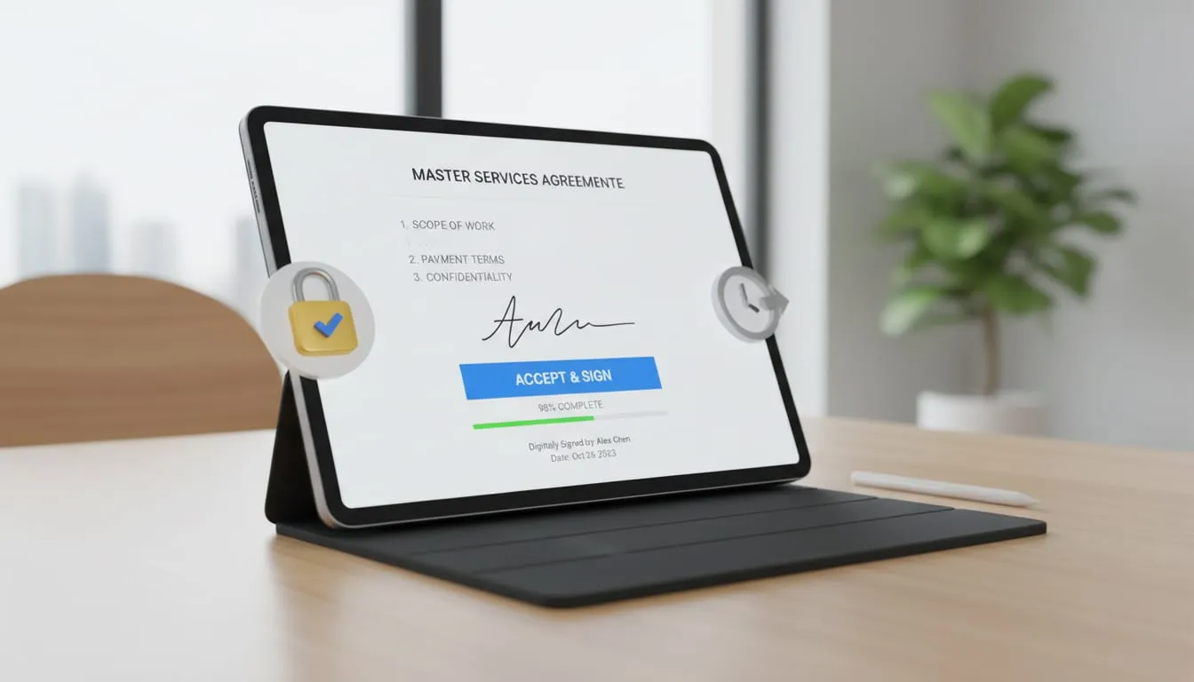 Close-up view of a tablet displaying a signed digital contract