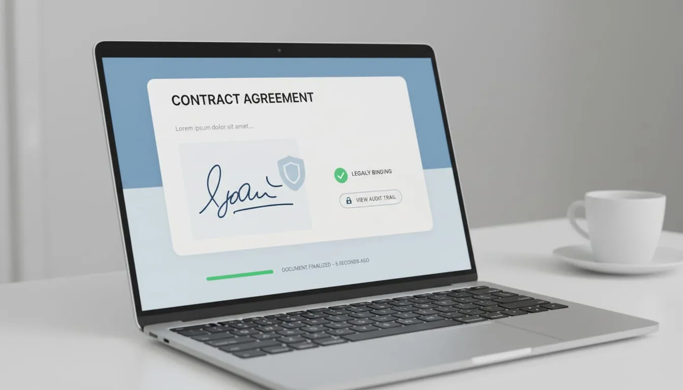 Eye-level view of a laptop screen showing a signed digital document