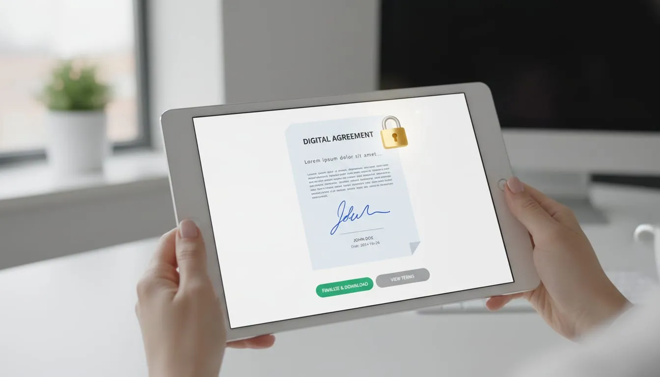 Eye-level view of a tablet displaying a signed digital contract