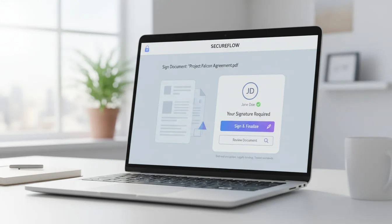 Eye-level view of a laptop screen showing a secure document signing interface