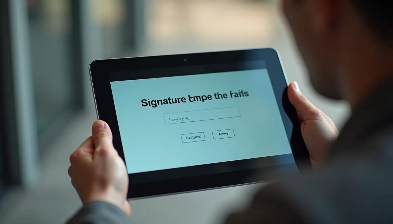 Close-up of a tablet displaying a secure online signature confirmation screen