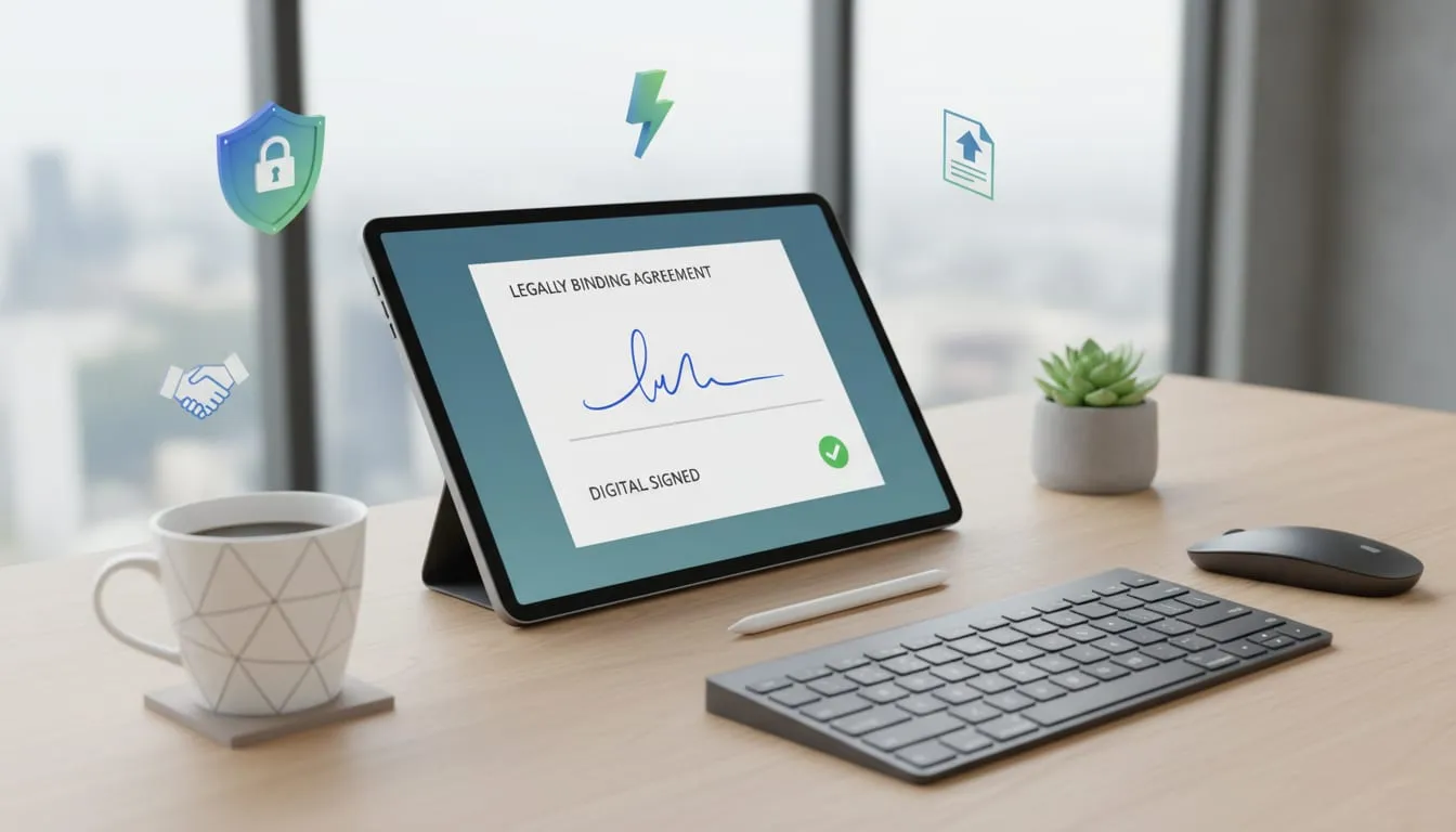 High angle view of a modern workspace with a tablet displaying a signed document